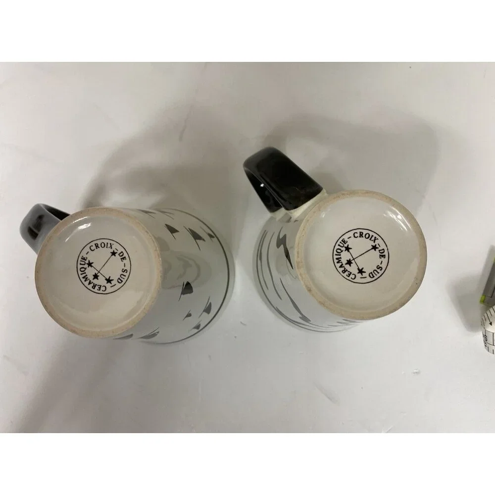 Pair Croix Du Sud Large Ceramic Mugs Coffee Cup B&W Sailboats Abstract Lot 2